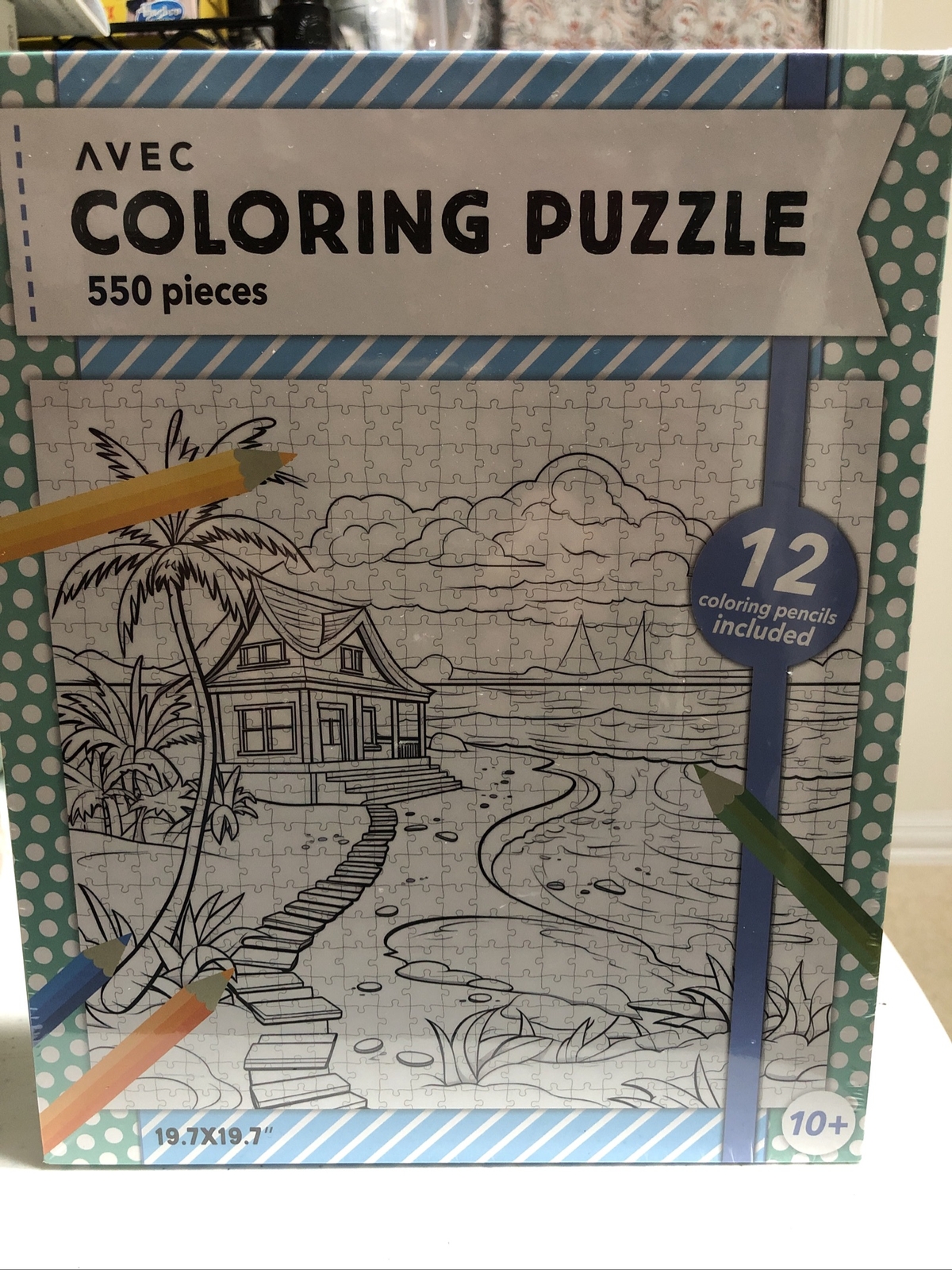 Beach & Water House- Coloring Puzzle 550 pc 19 3/4" by 19 3/4"-12 colors pencils