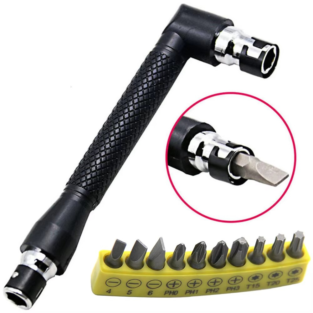 1pc L-Shaped 1/4 Hex Screwdriver + 10pcs Bit Set 90° Double Head - NEW