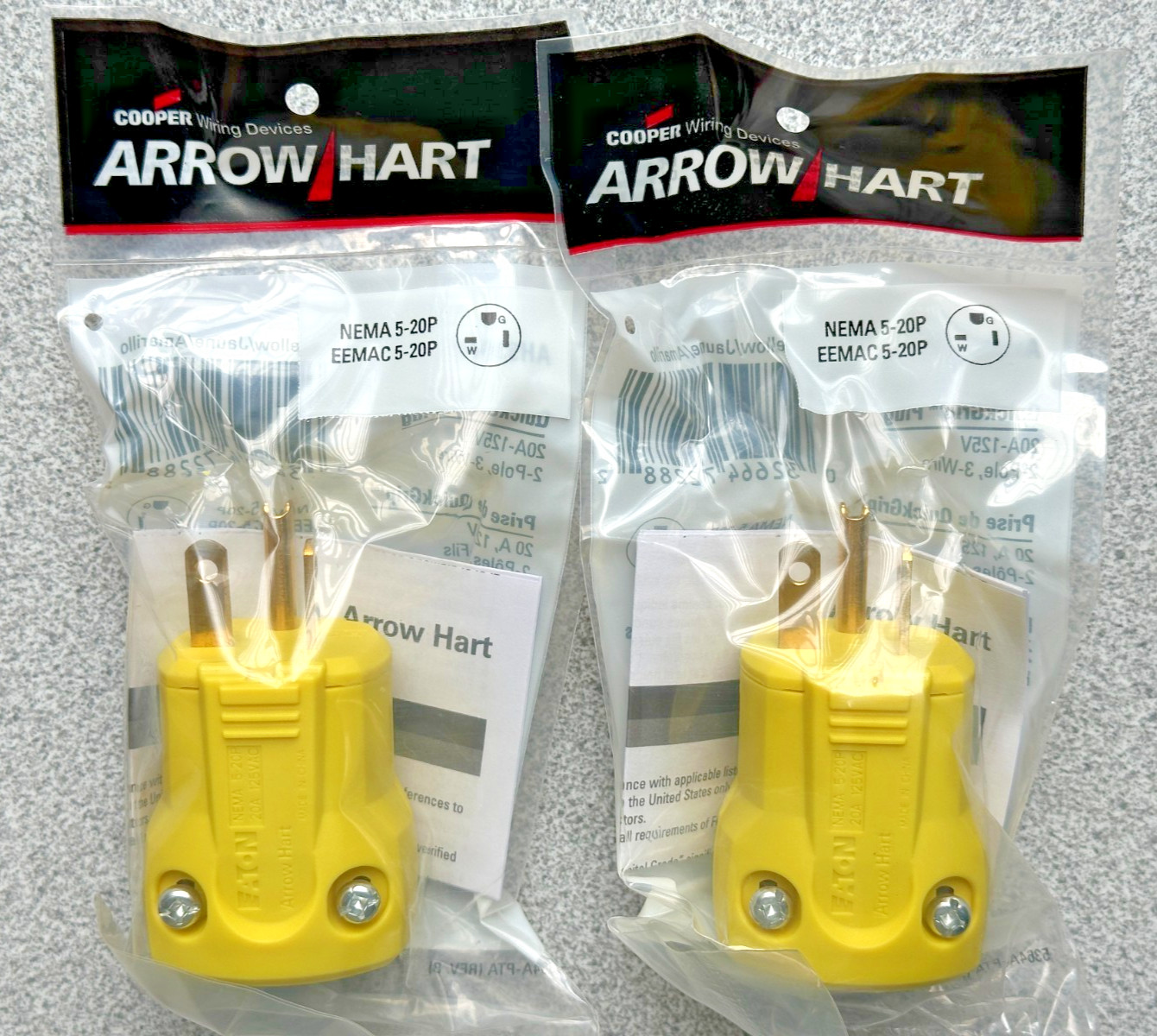 NEW Lot of 2 Arrow Hart AH5364Y Heavy Duty Connector Plugs 20A 2P 3W 125V 5-20P
