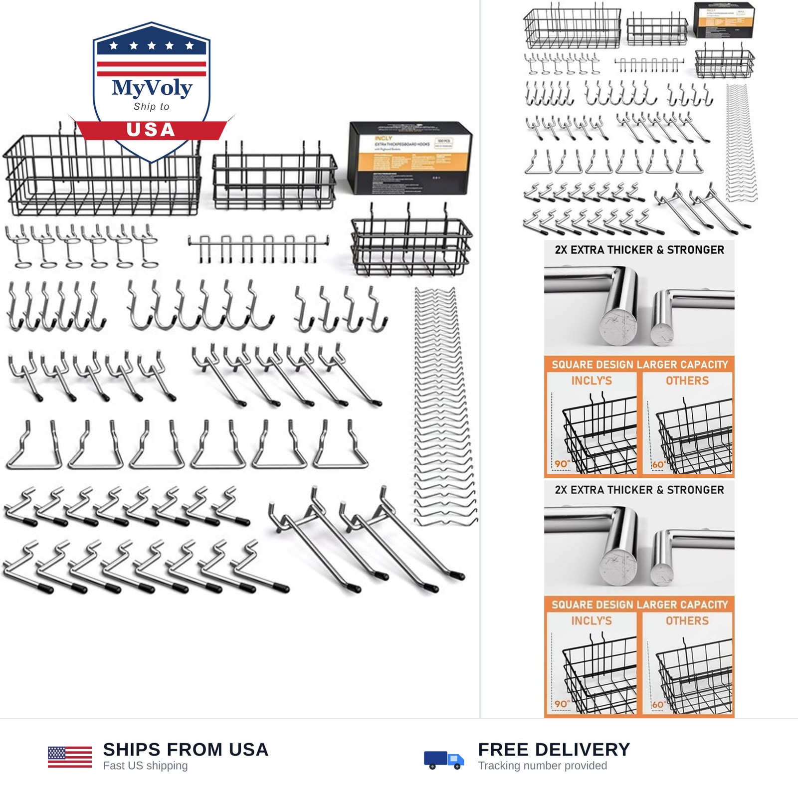 INCLY 1/4“ Extra Thick Pegboard Accessories Kit, 100PCS Heavy Duty Metal Peg ...