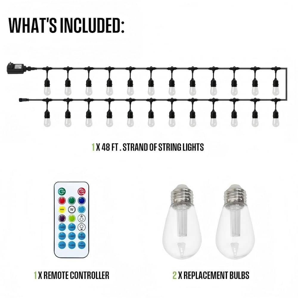 48 Ft Color Changing LED Edison String Lights - 24 Bulbs Indoor/Outdoor