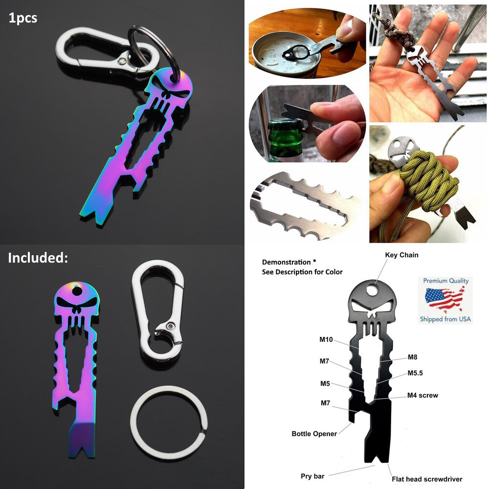 Skull Keychain Crowbar Screwdriver Hex Wrench Carabiner Clip Opener EDC - Neon