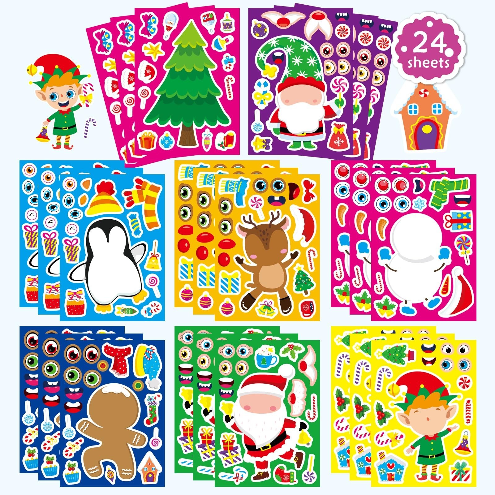 24 Sheets Christmas Stickers for Kids - Xmas Stocking Stuffers, Make-a-face S...