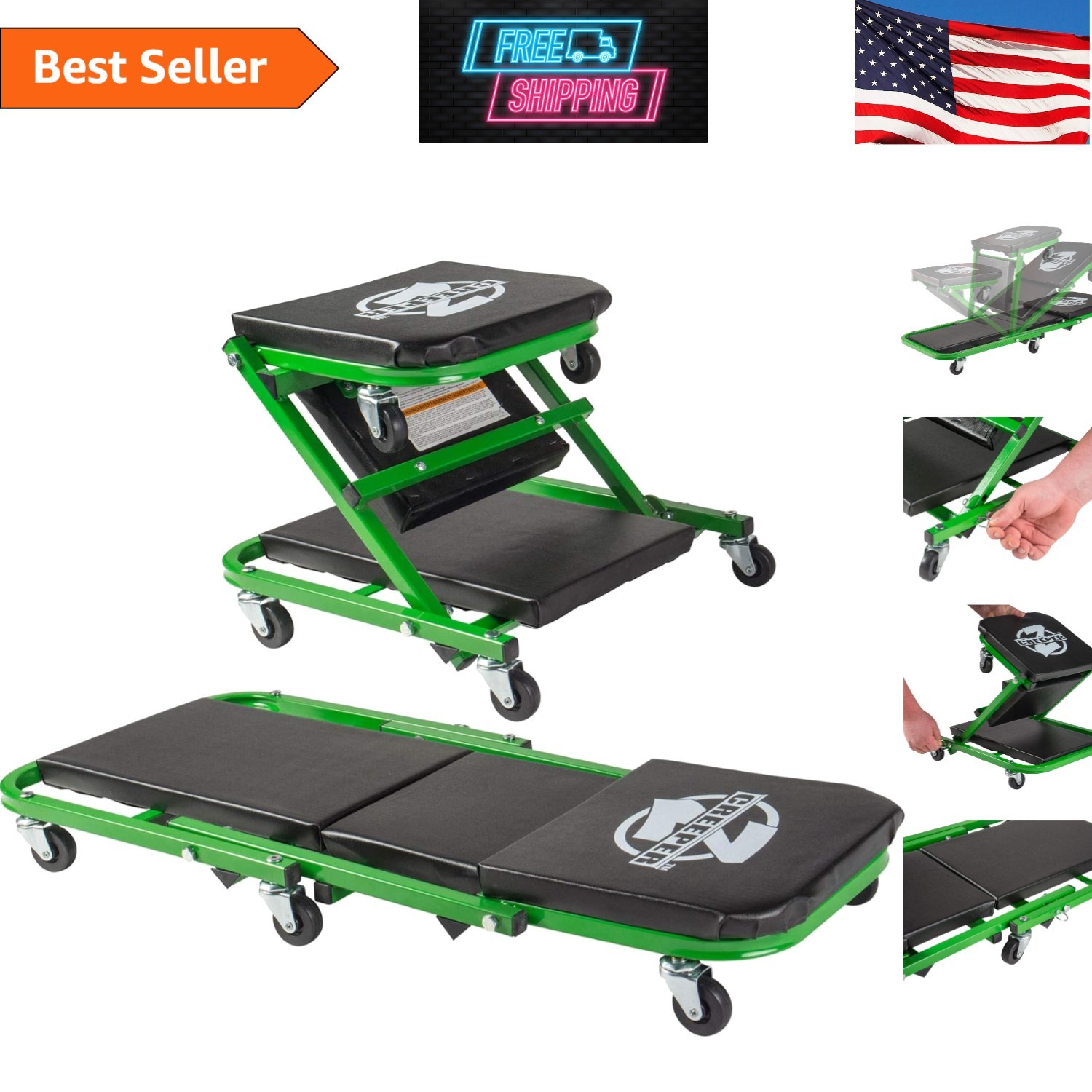 C-2036DG Mechanic Creeper & Seat Combo with 300 Lbs Support, Padded for Comfort