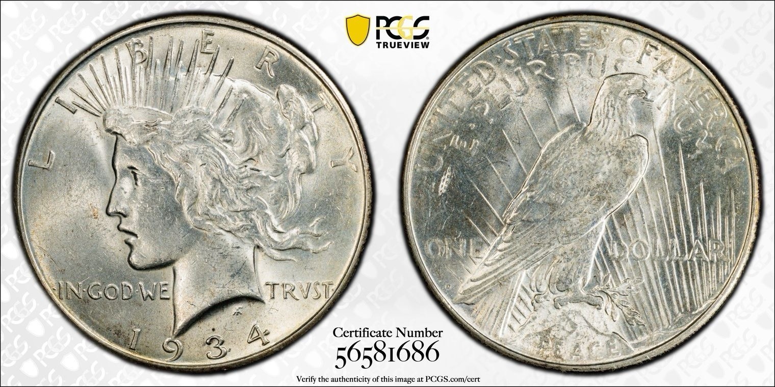 1934-D Silver Peace Dollar, PCGS MS-62, Gold Shield Label, Scarce Date!