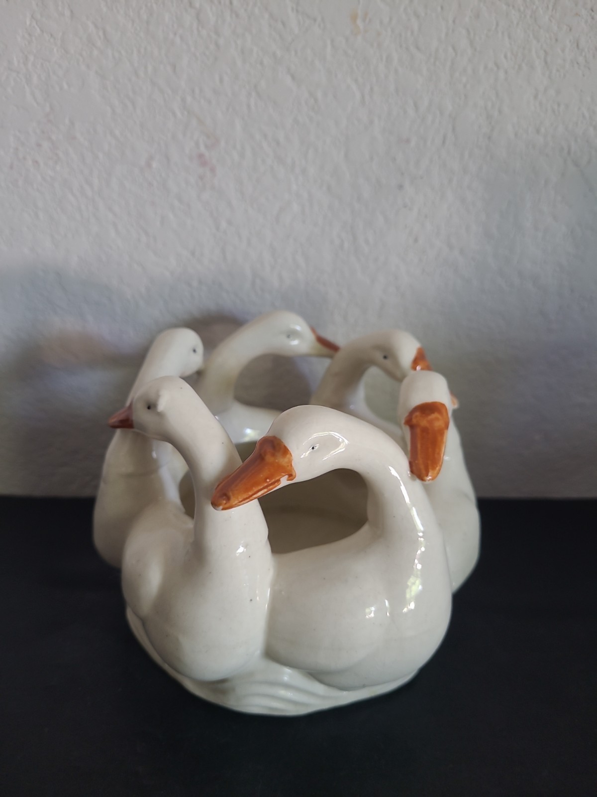 Vintage 1950s Ceramic Circle Of Geese Planter Bowl White Glazed Made In Japan