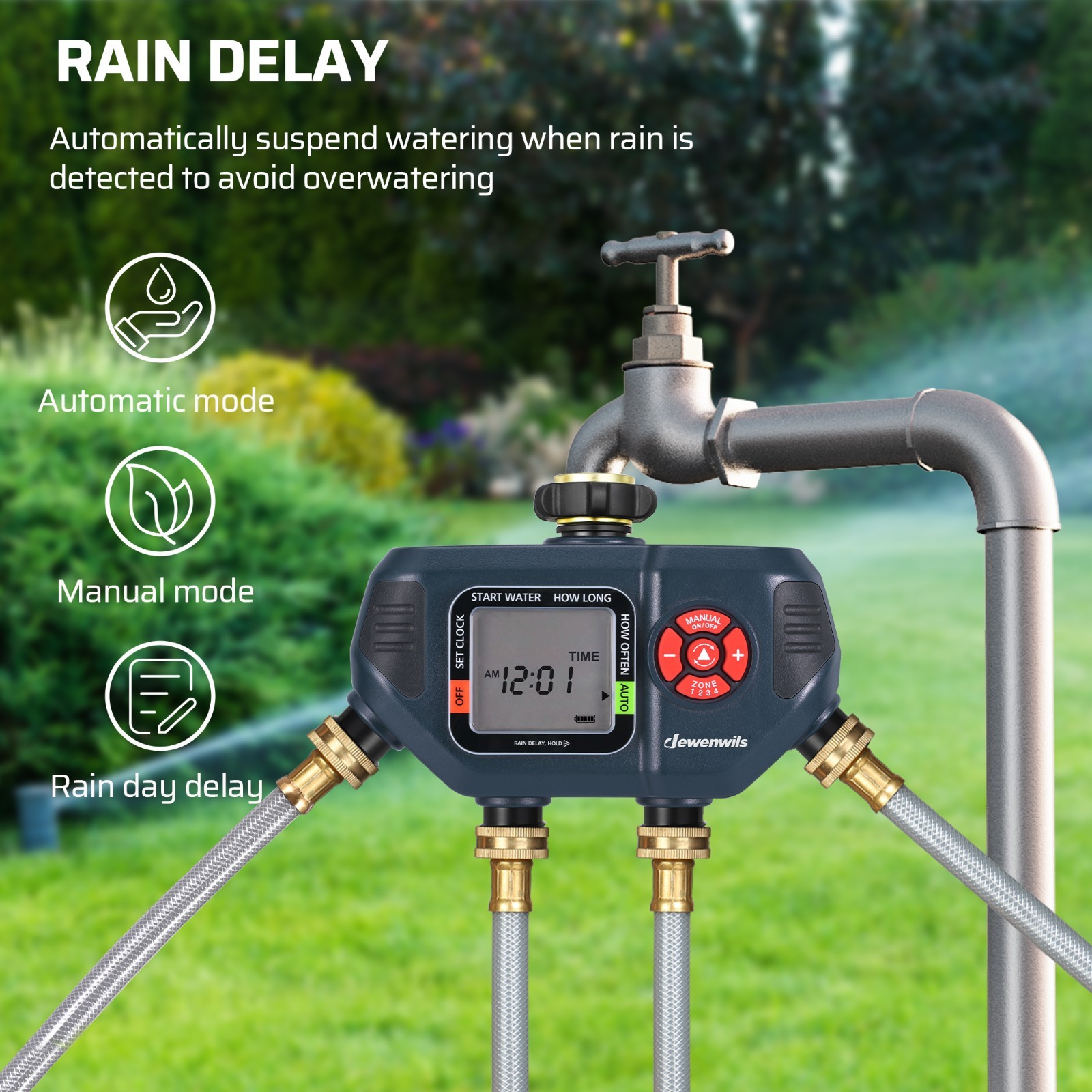 DEWENWILS Sprinkler Timer Programable Outdoor Irrigation Water Garden 4 Zone