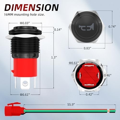 Horn Button Switch 12V 20A 16mm Metal Momentary Push Button Blue LED Stainless