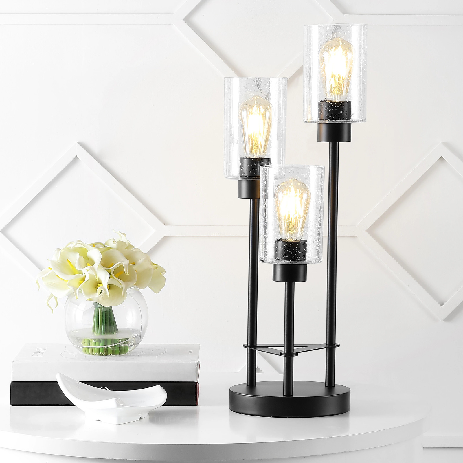 Juliana Modern 20.5" 3-Light Iron/Seeded Glass Modern Industrial LED Table...