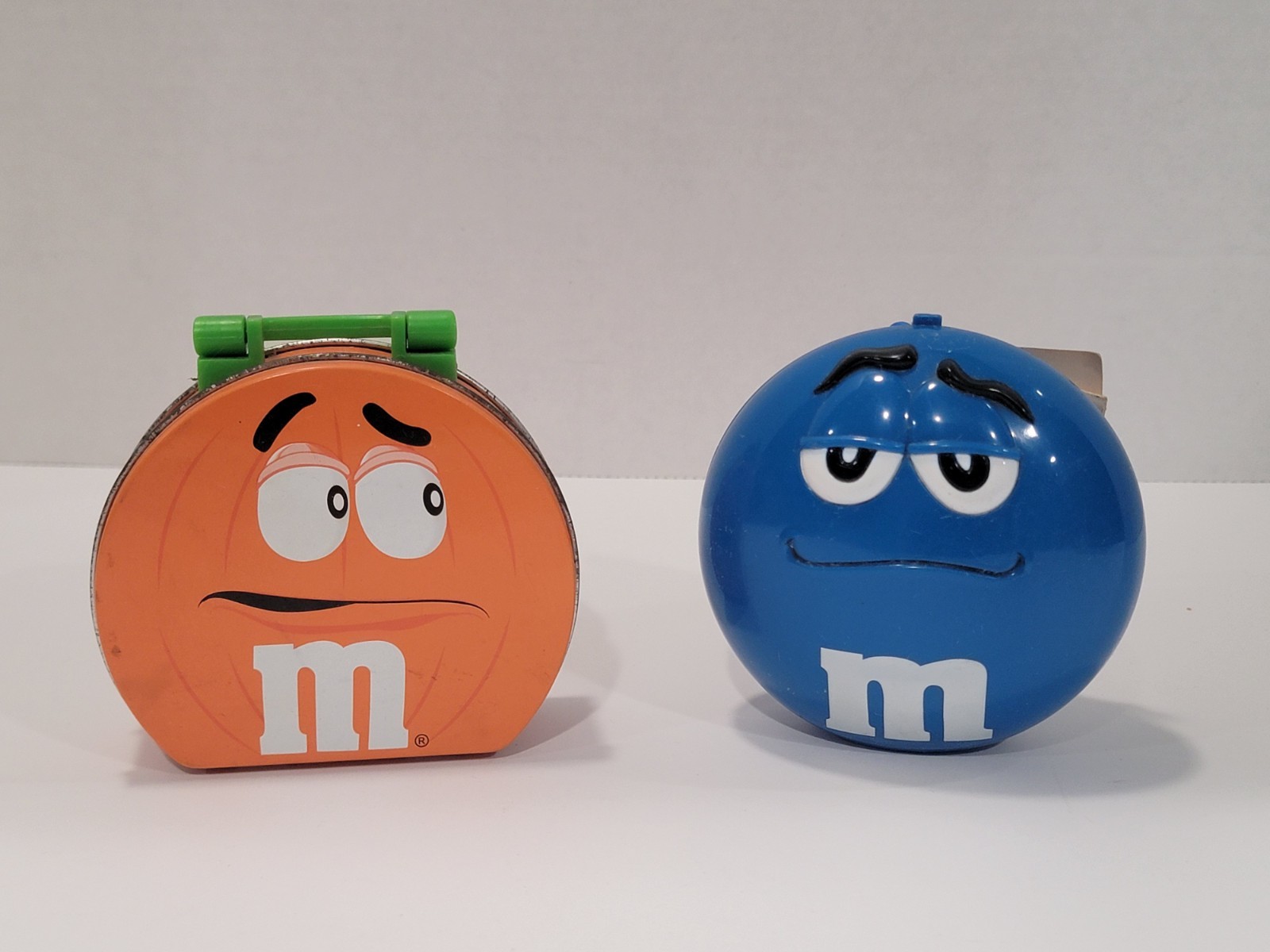 2 M&M Character Containers - Orange Halloween Pumpkin Tin, Blue Plastic W/ Clip