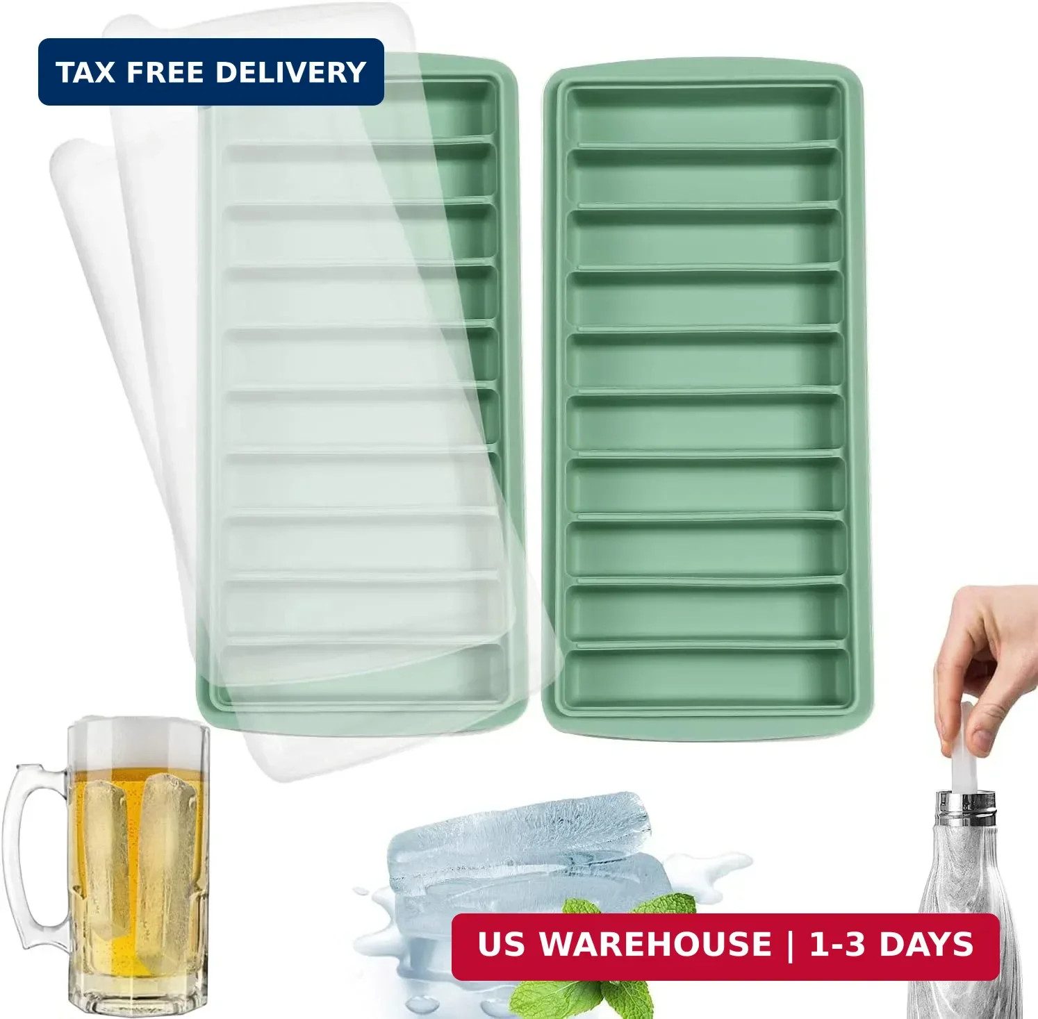 2 Pack Silicone Ice Cube Tray with Lid Long Stick Reusable Cocktail Sport Bottle