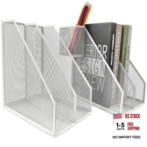 White Mesh Magazine File Holder - 2 Pack Set - 2 File Holder with Compartments