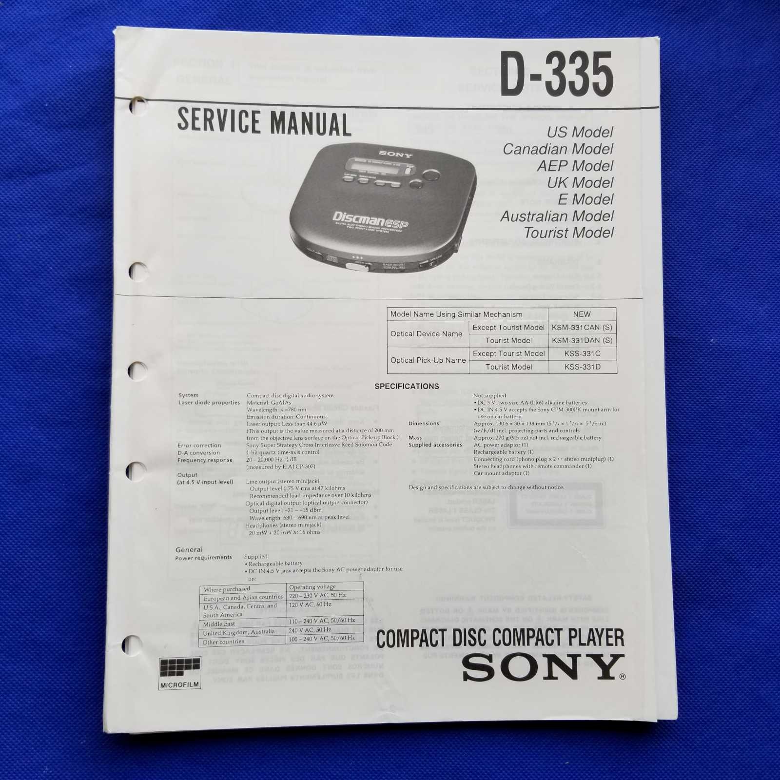 SONY D-335 Service Manual Original Paper OEM Repair Guide - USA