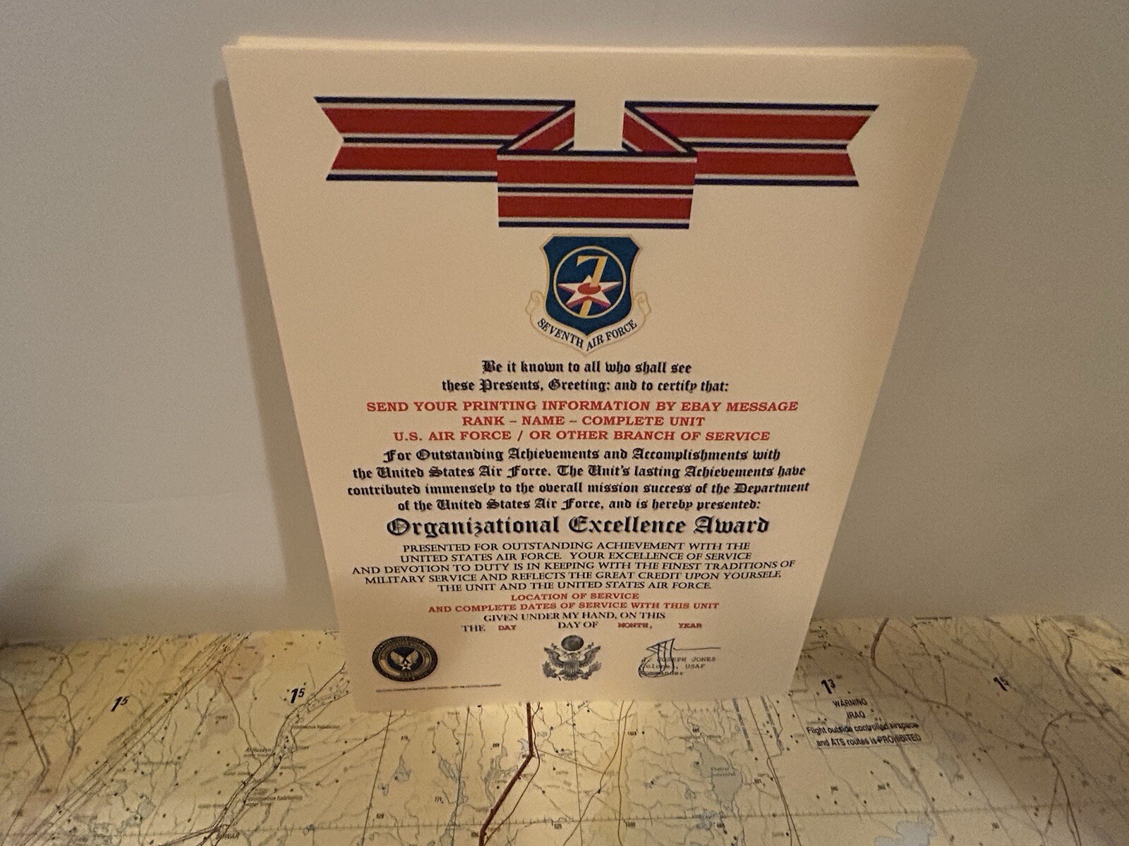 U.S. AIR FORCE / 7TH AIR FORCE - ORGANIZATIONAL EXCELLENCE AWARD CERTIFICATE