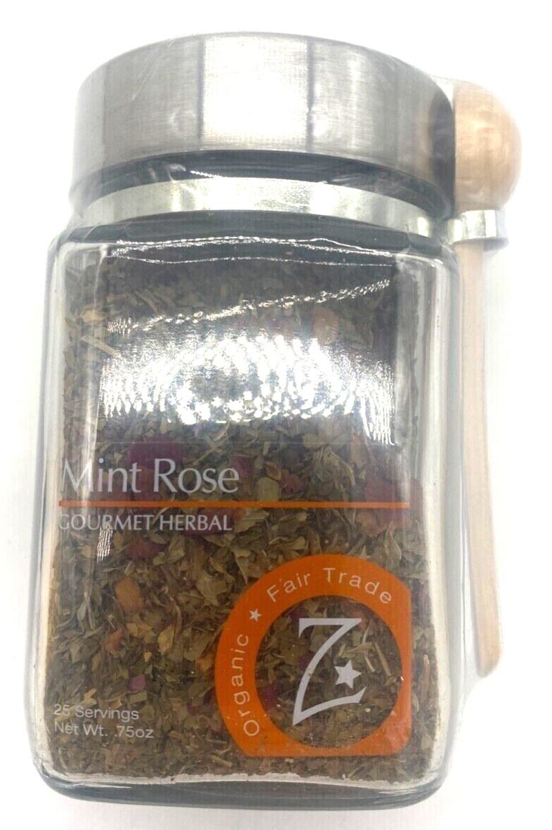 New Zhena’s Gypsy Tea Mint Rose  Gourmet Loose Leaf Tea, Glass Jar w/Wood Spoon