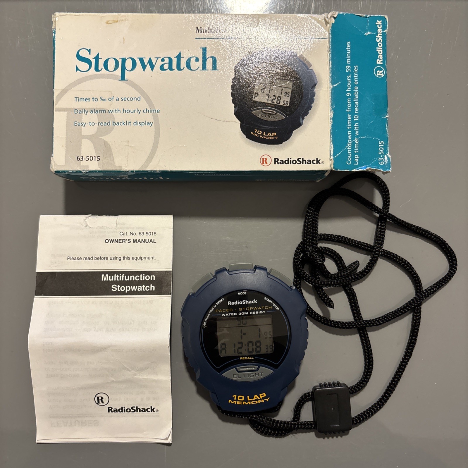 Vintage Radio Shack Stopwatch 63-5015 Blue 10-Lap Memory Pacer w/ Box - Works!