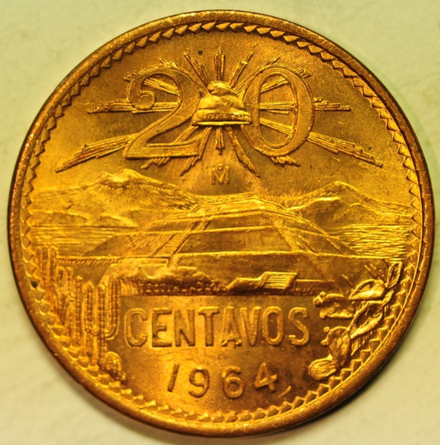 mw28871 Mexico Bronze 20 Centavos 1964 Pyramid of the Sun at Teotihuacan Red UNC