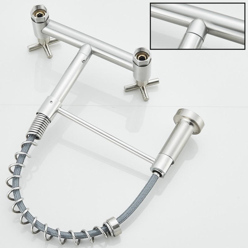 Commercial 8 Inch 2 Handle Wall Mount Kitchen Sink Faucet with Pull Down Sprayer