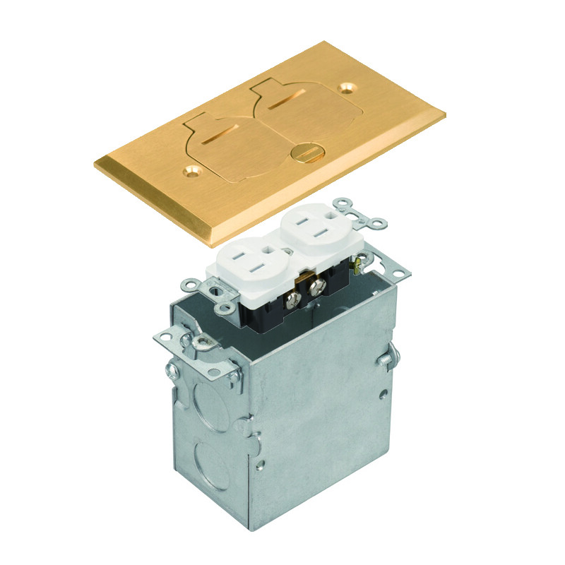 1-Gang Rectangular Floor Box Assembly Kit w/ Brass Flip Cover 15A TR Duplex