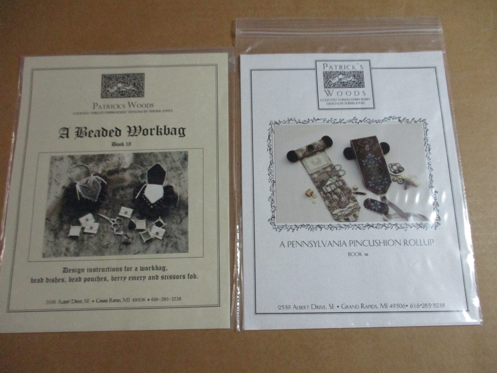 Patrick's Woods TWO Embroidery Patterns Beaded Workbag & Pennsylvania Pincushion