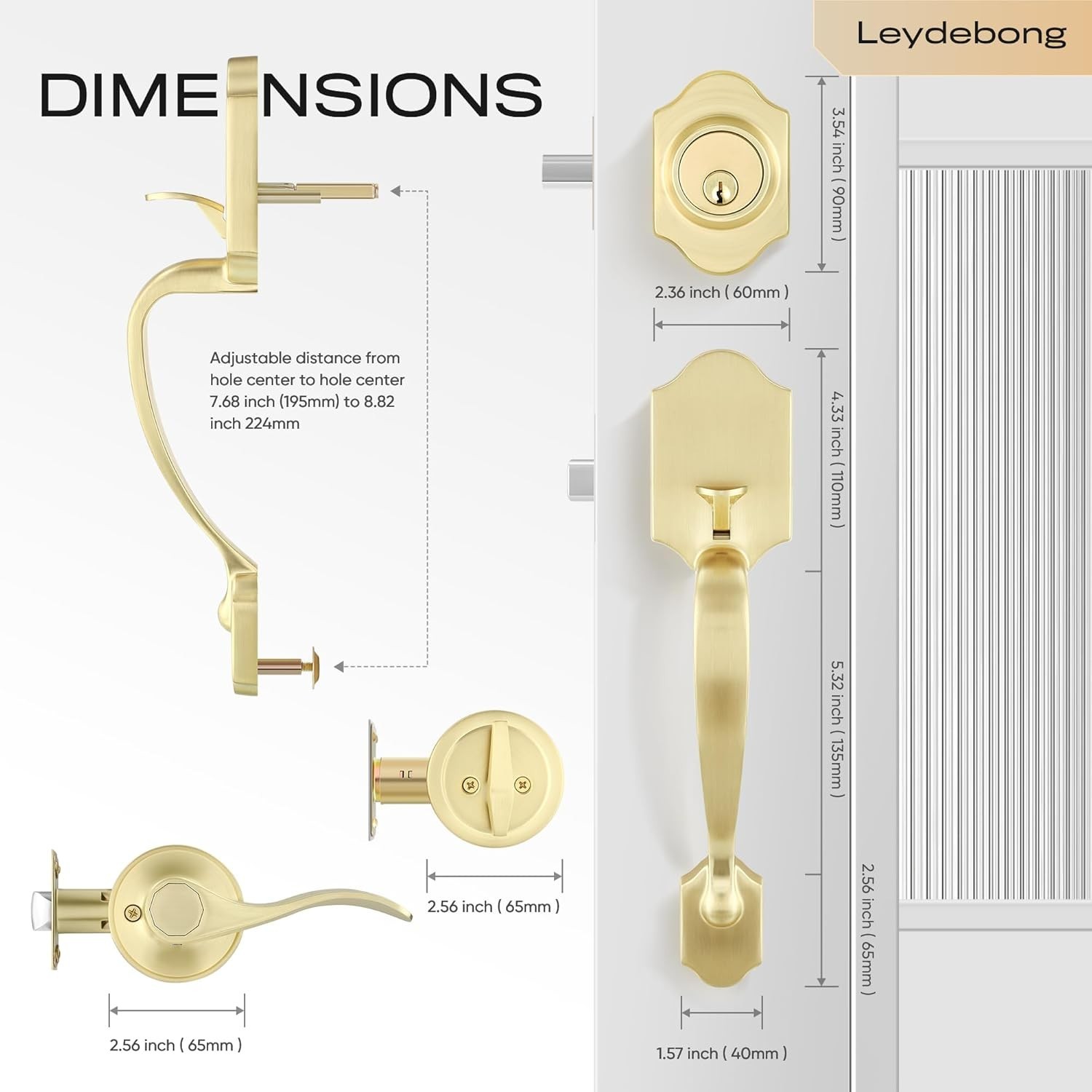 Elegant Gold Front Door Handle & Deadbolt Set, Keyed Different, Reversible