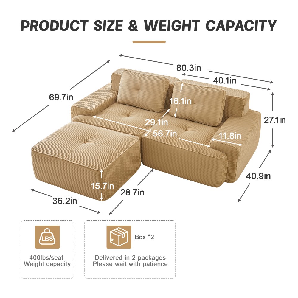 82" L-Shaped Modular Sectional Sofa w/ Ottoman, Corduroy, Camel