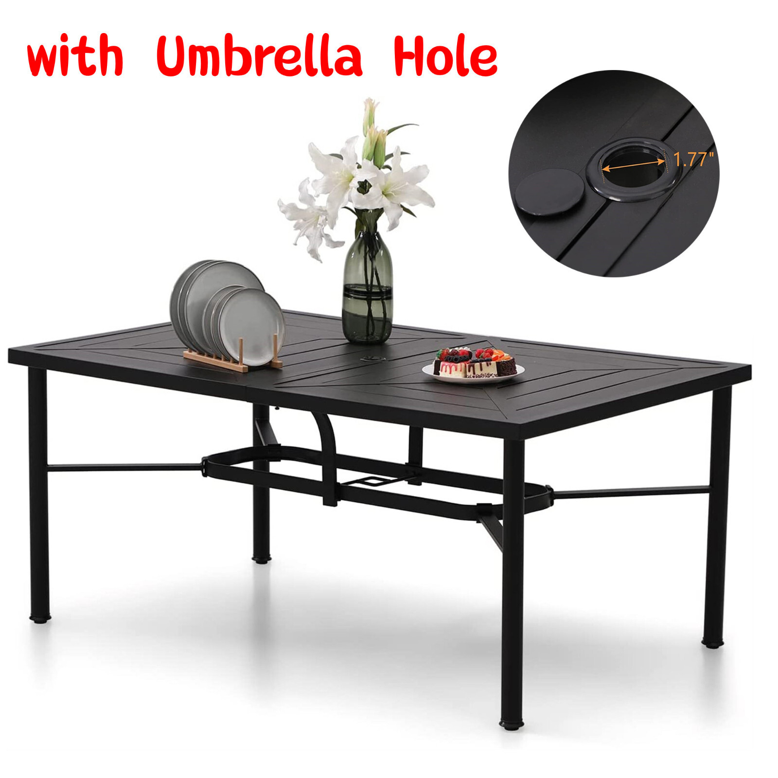 64"Patio Dining Table Outdoor Furniture Garden Rectangular Table w/Umbrella Hole