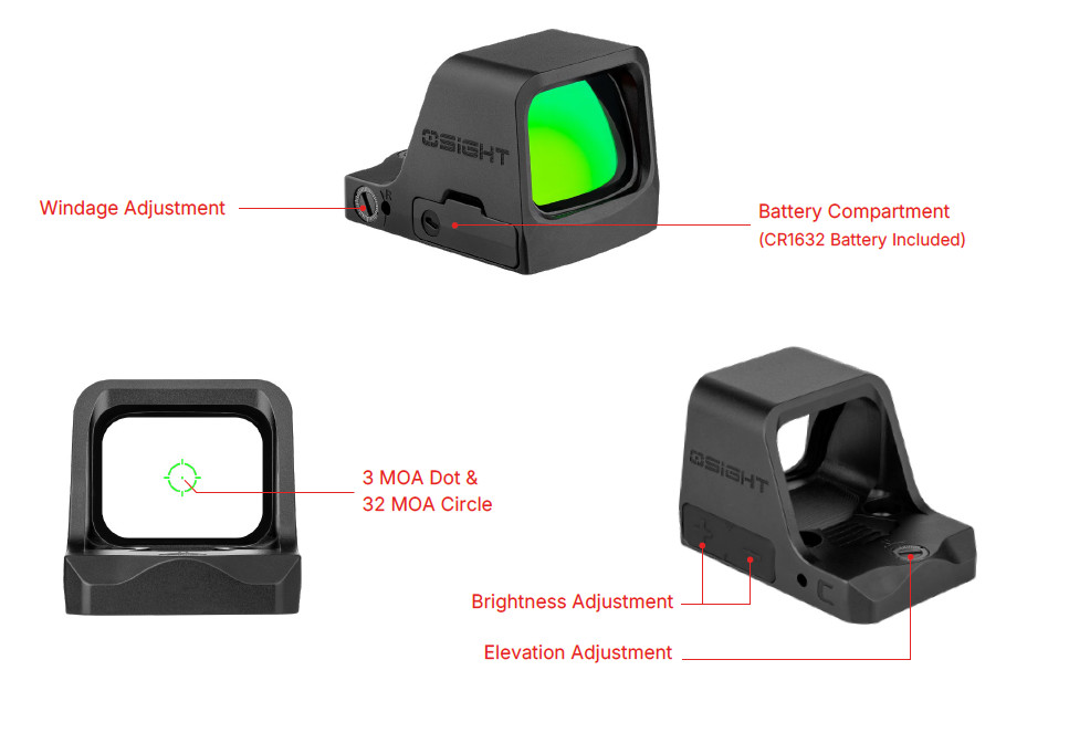 Olight Osight C Green Dot Open Reflex Optic Replaceable Side-Loading CR1632 Batt