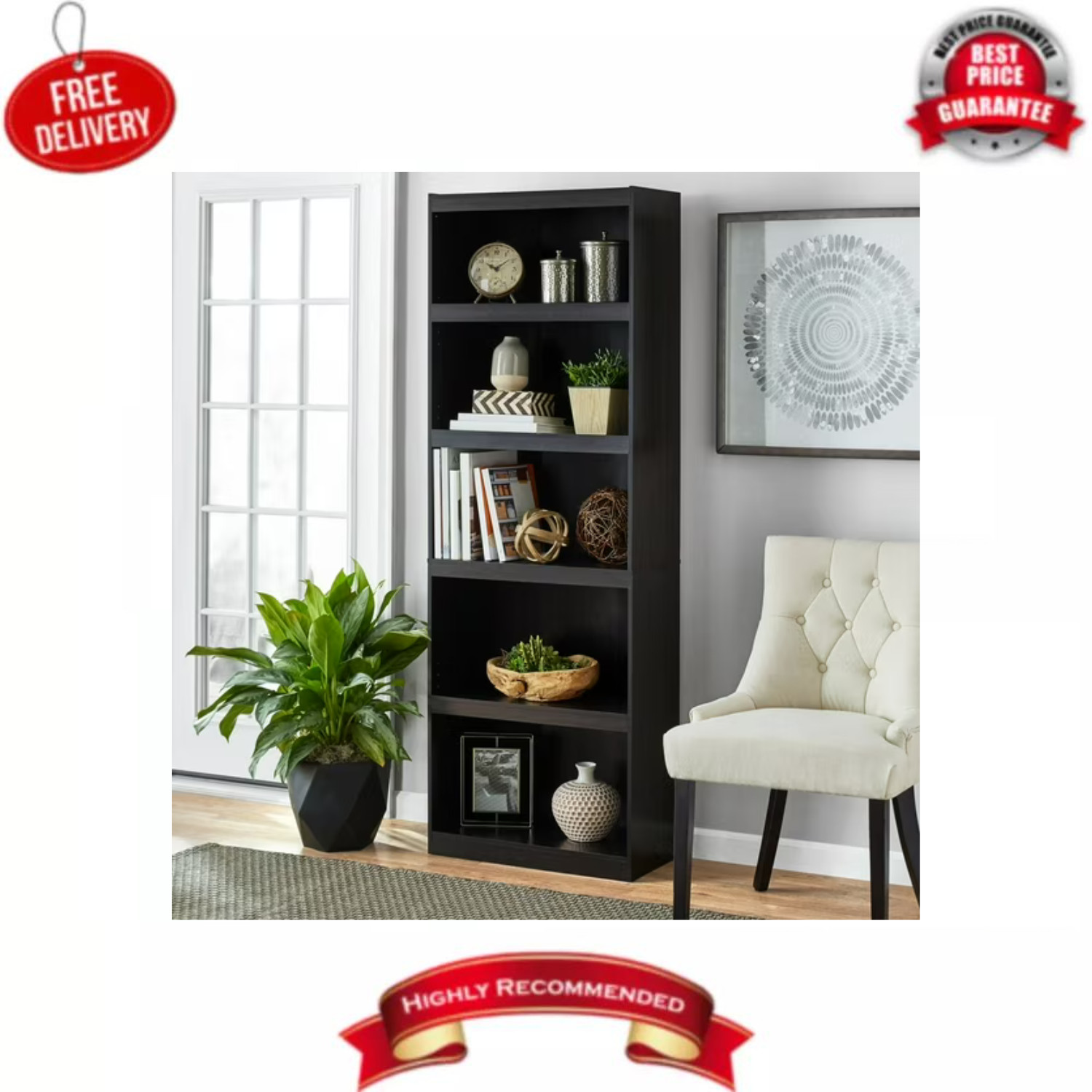 Mainstays Framed 5-Shelf Bookcase with Adjustable Shelves, Espresso