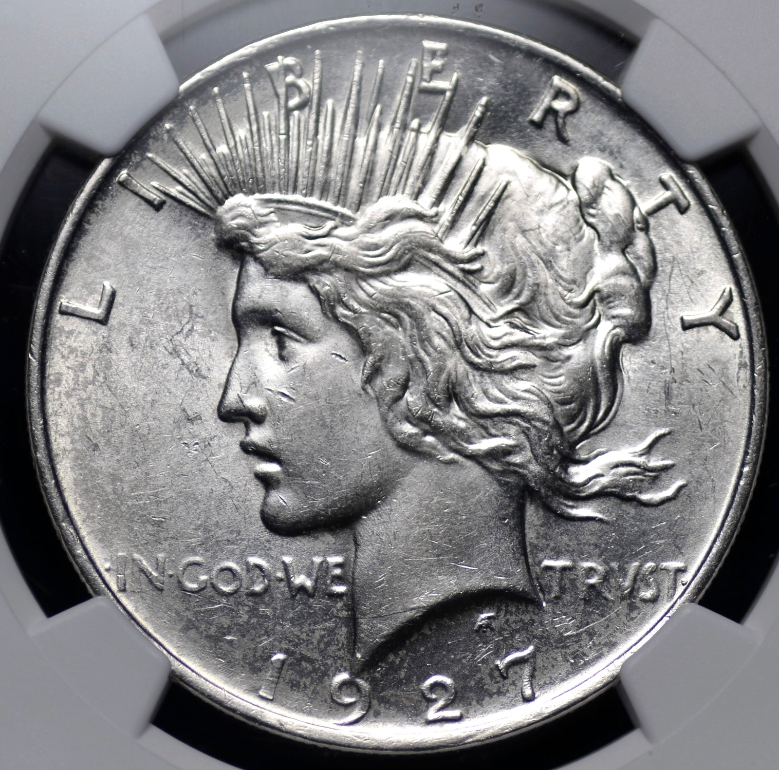 1927 D PEACE DOLLAR NGC MS 61 UNCTUOUS SILVER SATIN LUSTER, STRONG STRIKE, MARKS