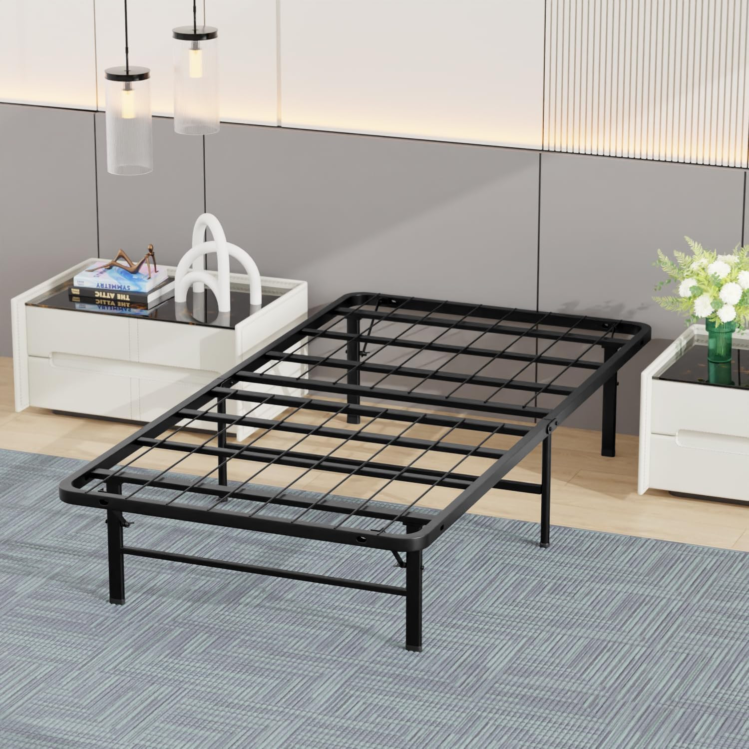 Twin Bed Frame | Metal | Heavy Duty Steel Slats with 6 Legs | Foldable | Sturdy,