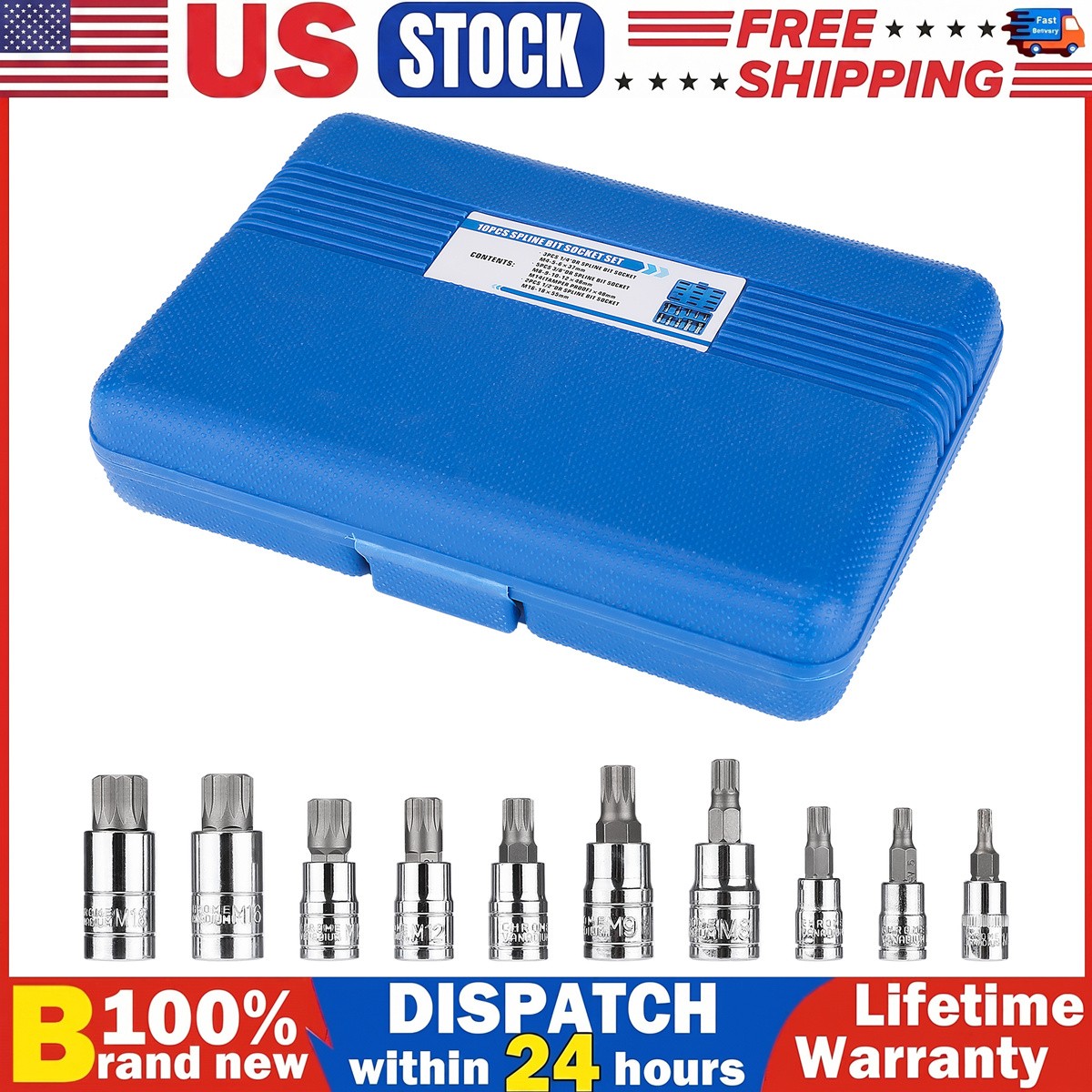 10 PC For XZN Triple Square Spline Bit Socket Set 12 Points with Carrying Case