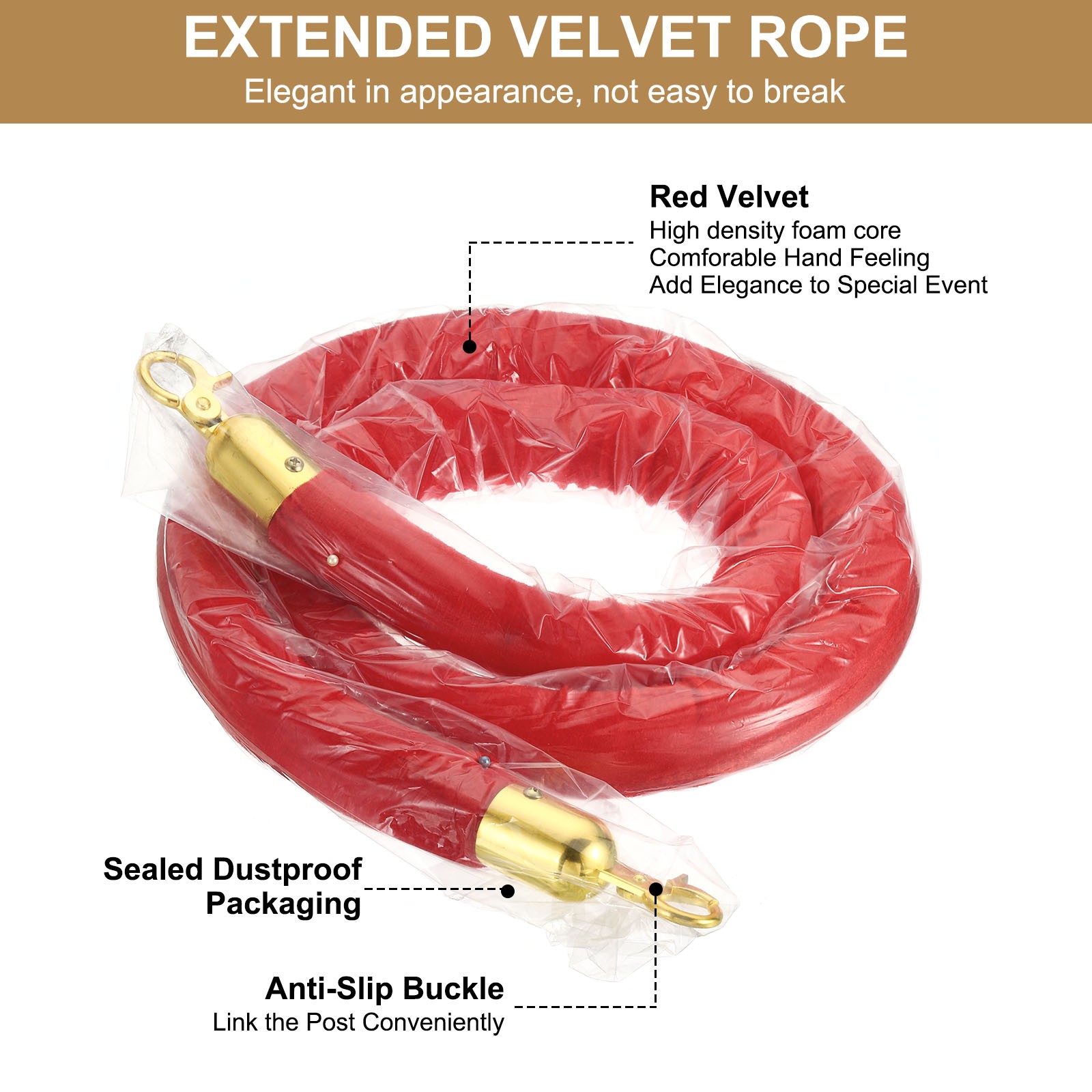 2Pcs 5Ft Red Velvet Stanchion Rope Crowd Control Barrier Rope Golden