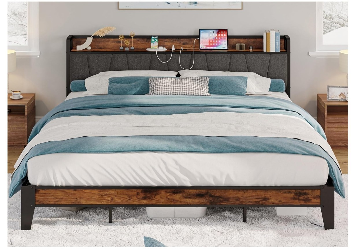 California King Bed Frame w/ Storage Headboard & Charging Station No Box Spring