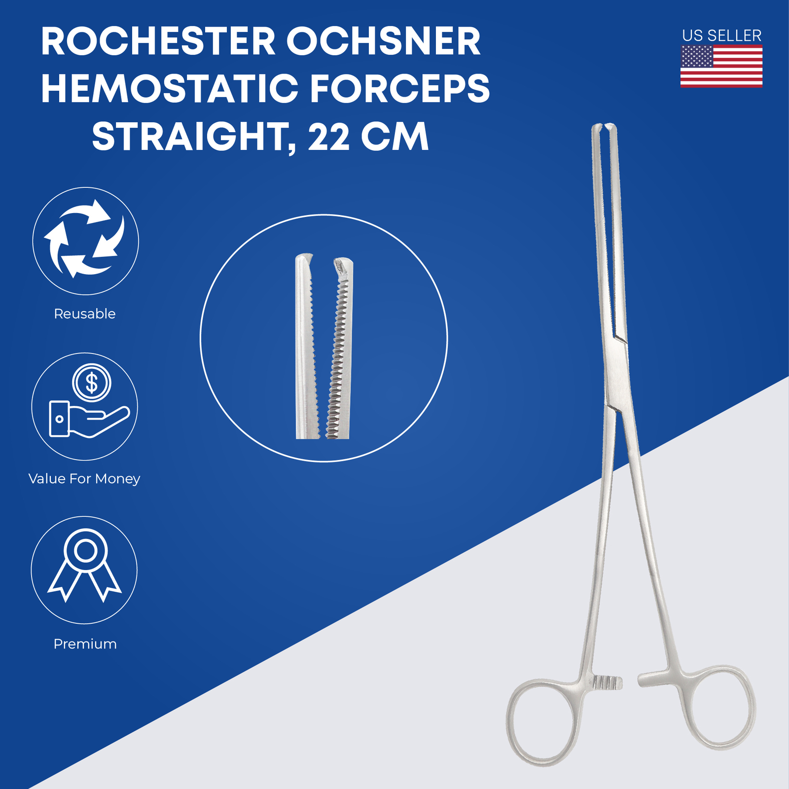 Rochester Ochsner Hemostatic Forceps 22cm Straight Stainless Steel Surgical Tool