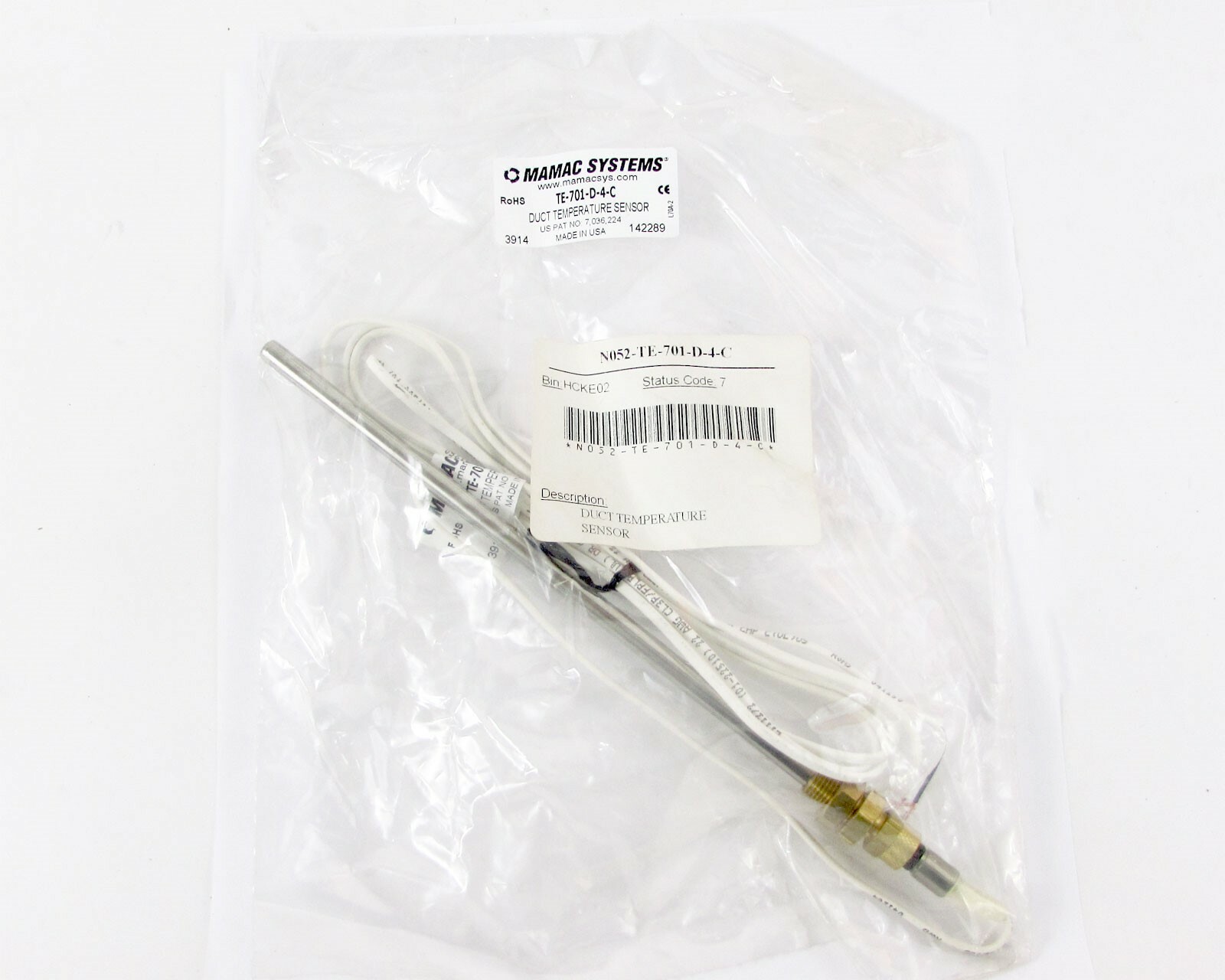 Mamac Systems TE-701-D-4-C Duct Temperature Sensor 1000 Ohm Wire Length 6" *NEW*