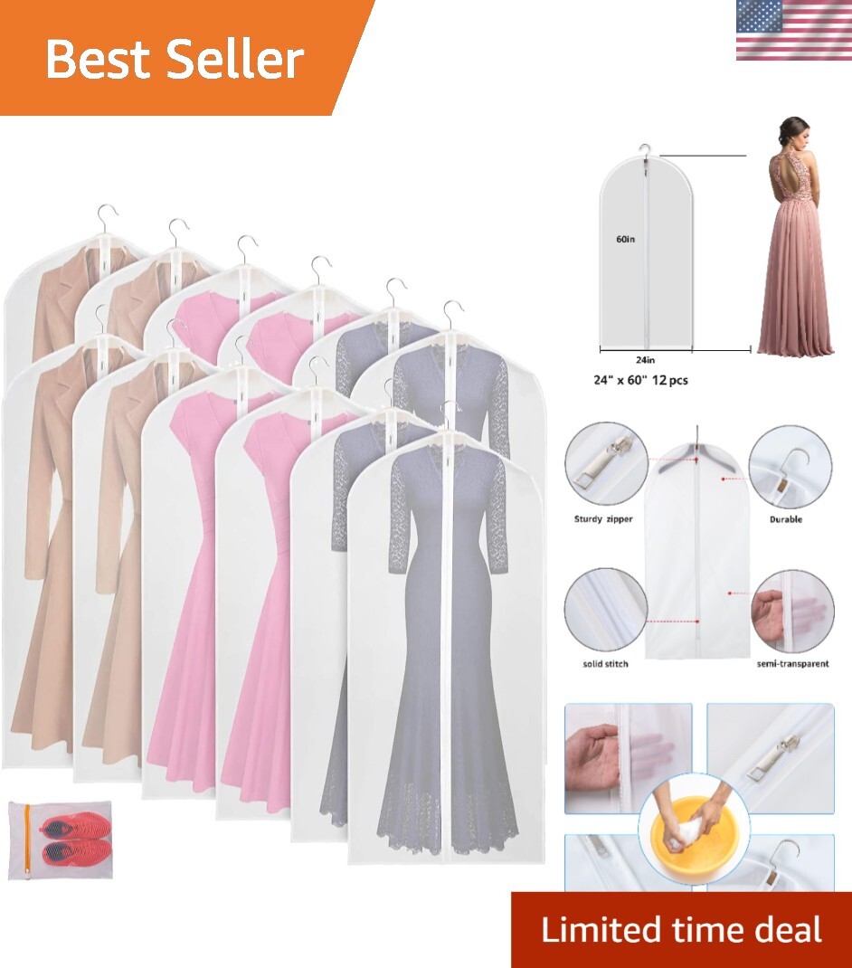 Clear Garment Bags - Set of 12 for Gowns & Dresses, Dust & Water Resistant
