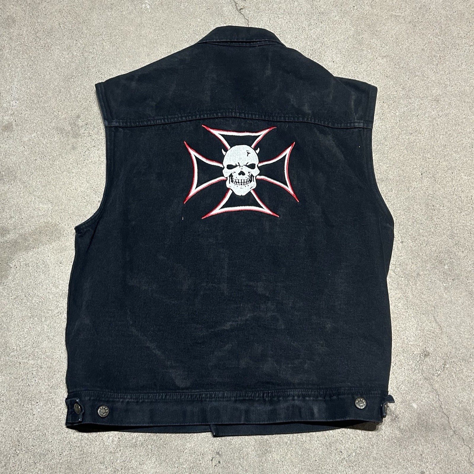 Black Denim Biker Vest Skull Iron Cross Embroidered Punk Grunge Vintage XXL