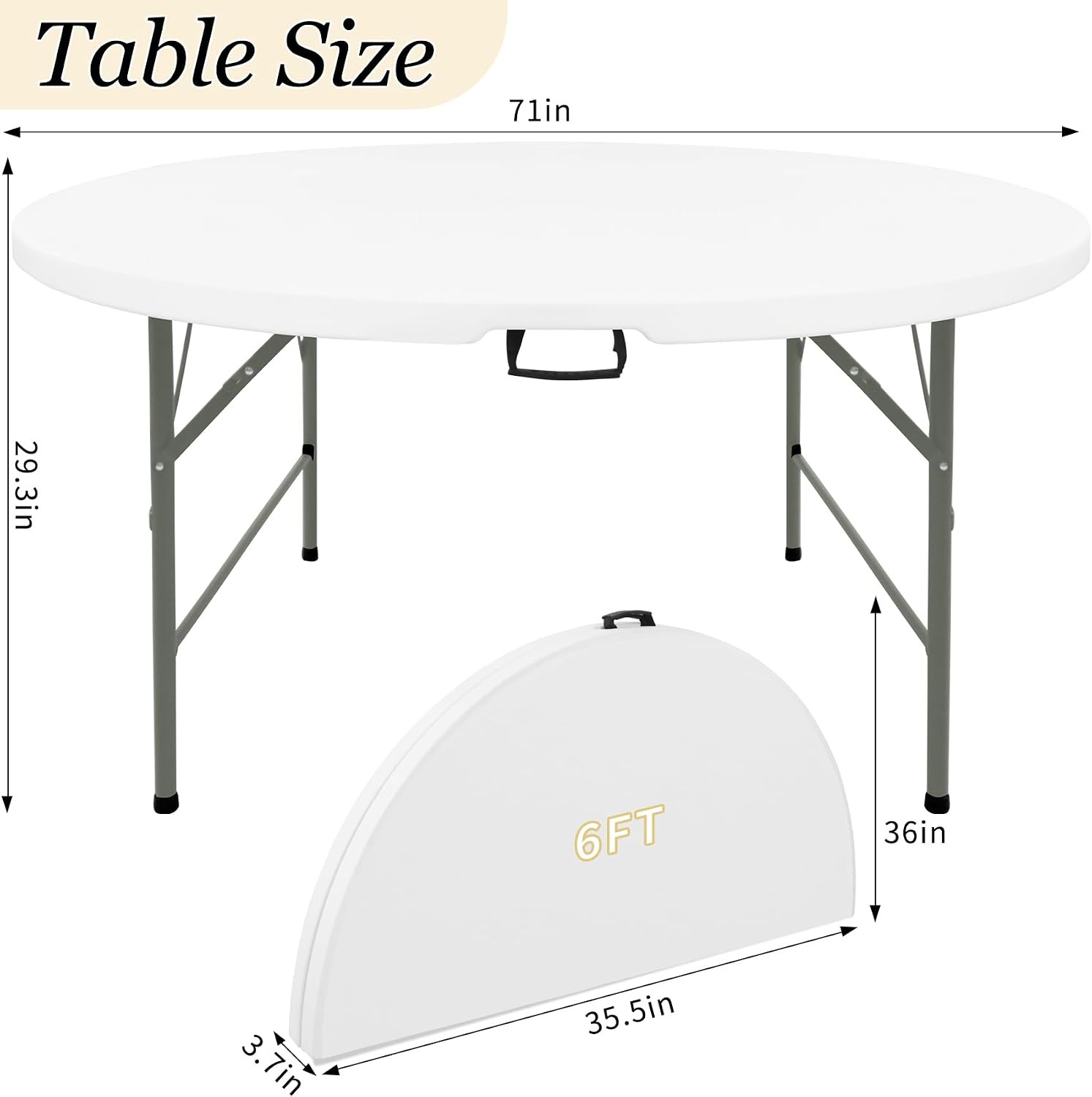 6FT round Folding Table White Fold-In-Half with Carrying Handle Portable Plastic