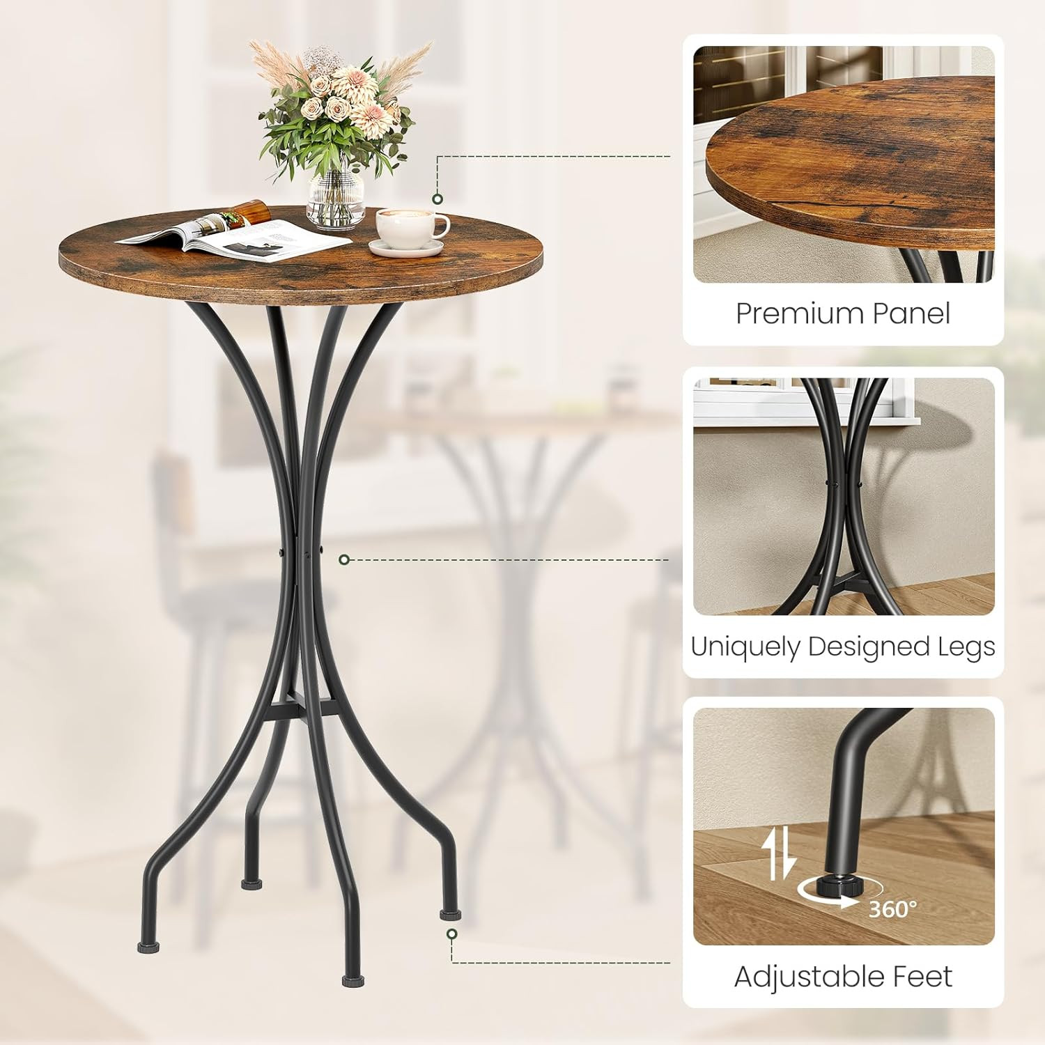 Round High Top Bar Table for Kitchen, Pub, Bistro, Rustic Brown/Black