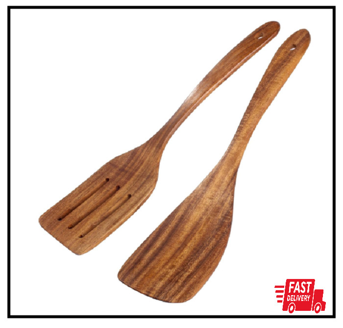 2 Pack Wooden Spatula, Acacia Wood Long Handle Flat Frying Turner, Handmade wood
