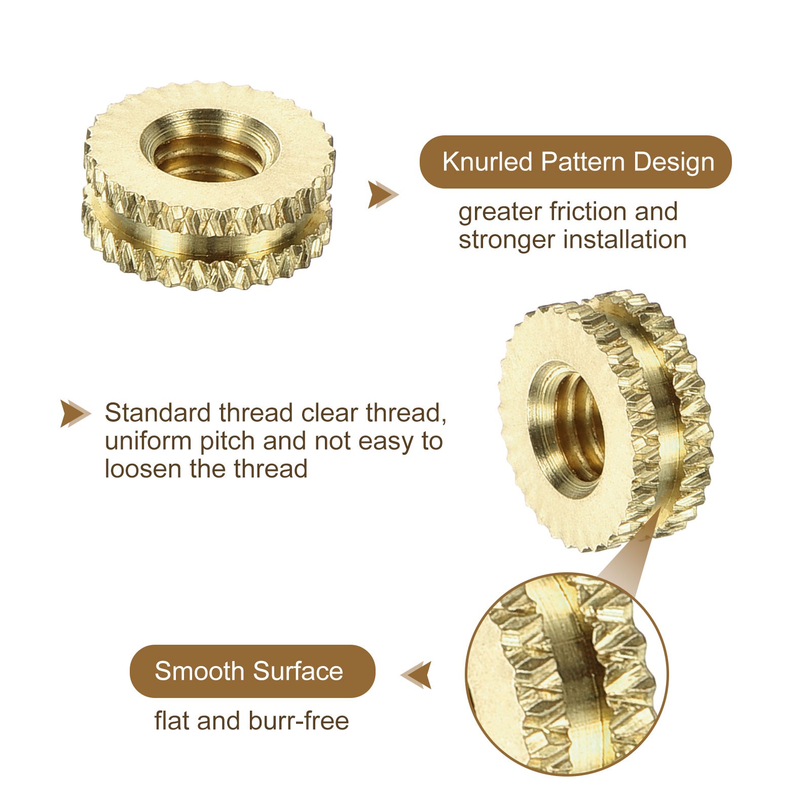 50Pcs Knurled Insert Nuts, M4x3mm(L)x8mm(OD) Brass Female Threaded Inserts