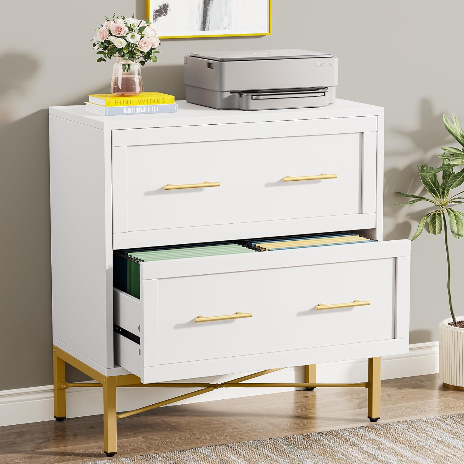 Modern White 2 Drawer File Cabinet, Lateral Filing Cabinet for Letter/Legal/A4 S