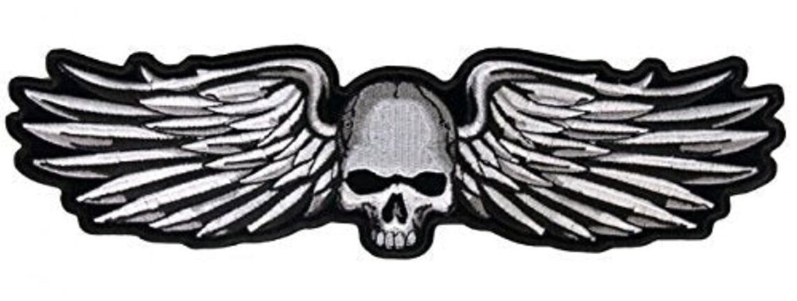SKULL METAL WINGS EMBROIDERED PATCH - 2PC IRON ON OR SEW 5"x2"