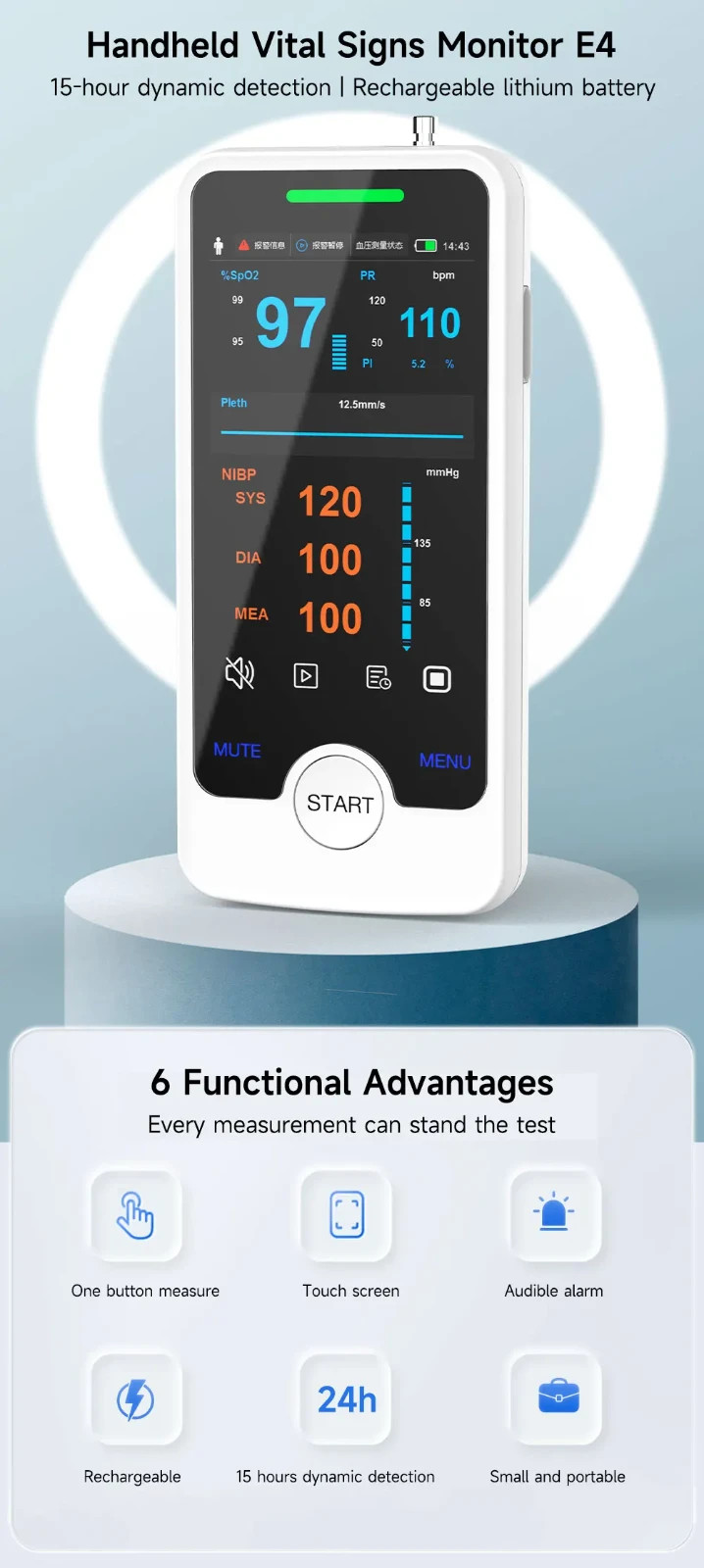 4" Touch Screen Vital Signs Monitor w/ SpO2, EtCO2 - Stand & Charger Included