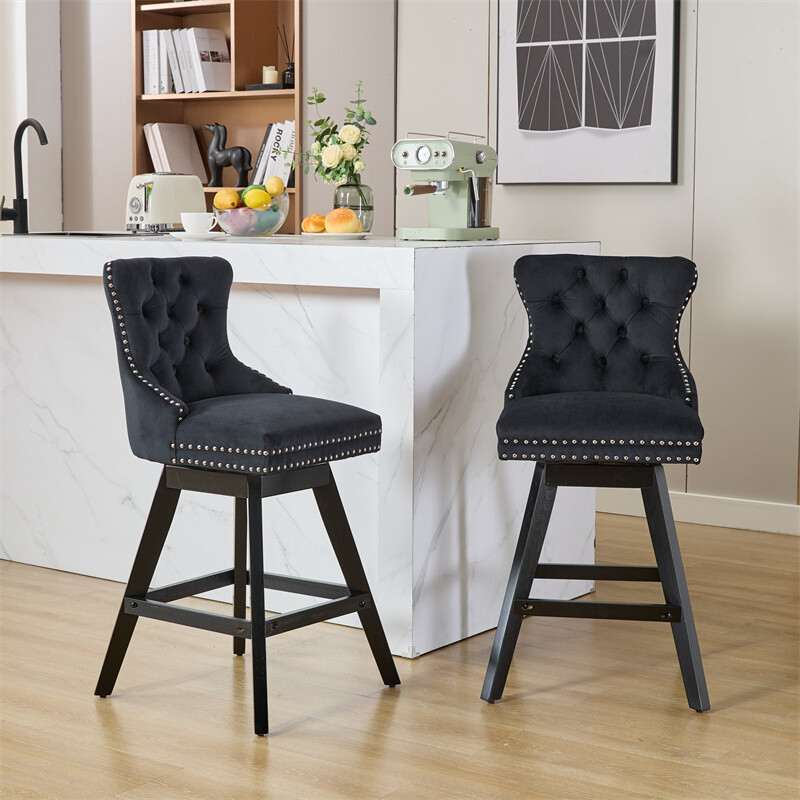 Set of 2 Swivel Velvet Barstools w/Button Tufted Decoration & Wooden Legs Black