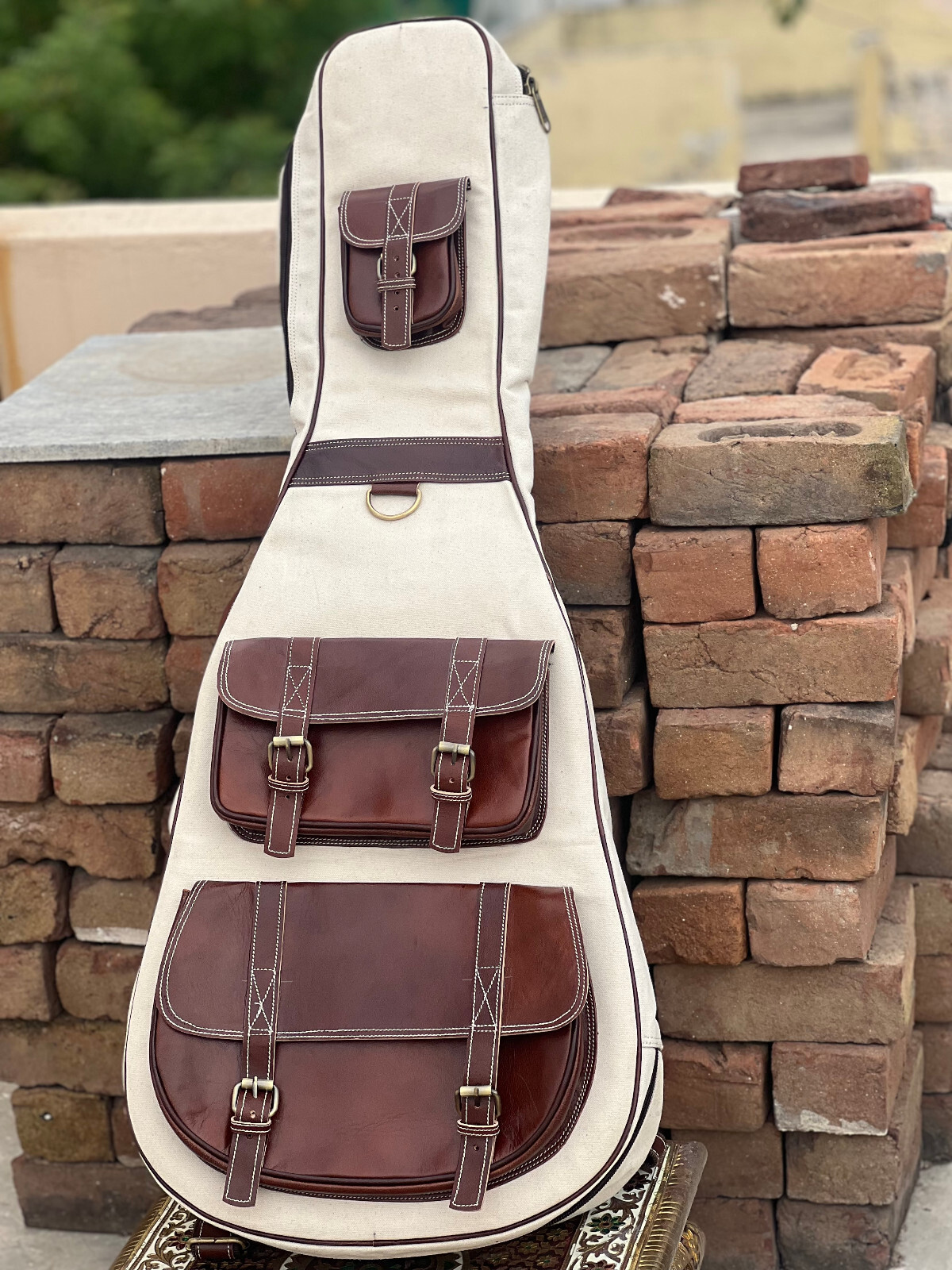 Canvas Leather Guitar Case, Soft case, Guitar Bag, Leather case Brown white