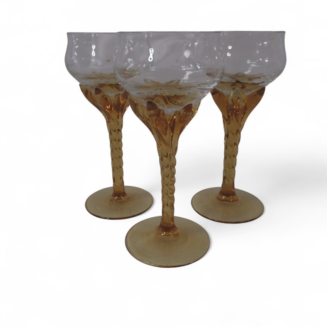 3 Vintage Yellow Flower Twisted Stem Sherry Glasses 10.5 cm Preloved