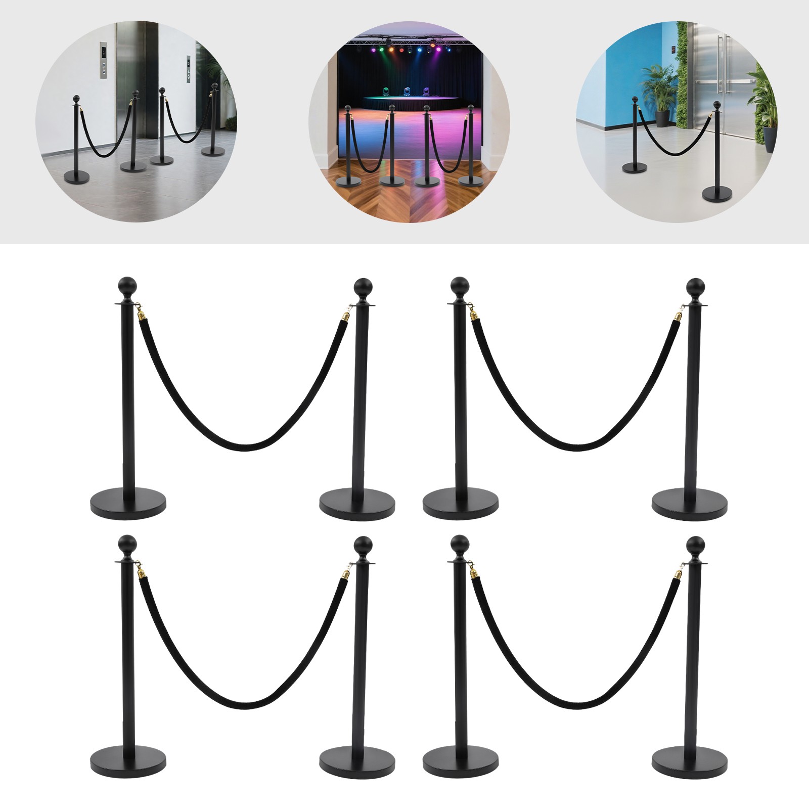 8 PCS Black Stanchion Posts Queue Pole with 4 1.5M Ropes Crowd Control Barrier
