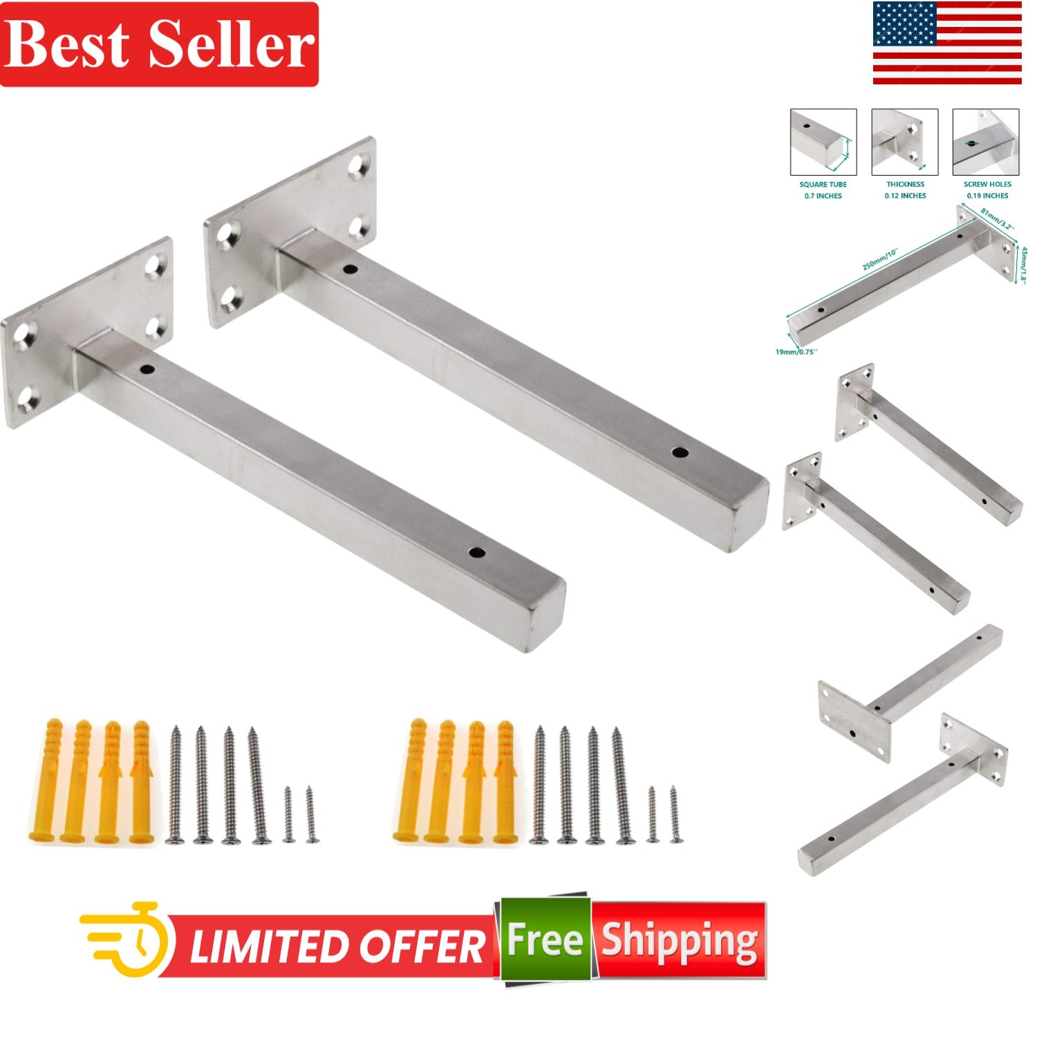 Floating Shelf Brackets Wall Mounted Support 10'' Silver 2 Pack